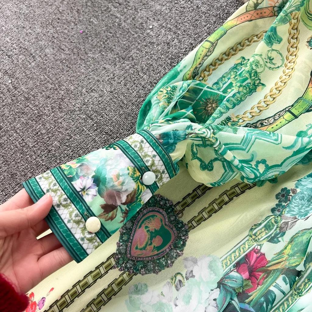 Летняя мода, роскошный дизайнерский винтажный шифон с принтом, праздничное пляжное платье, женское сексуальное платье с v-образным вырезом и рукавами-фонариками, эластичный пояс, длинный халат макси