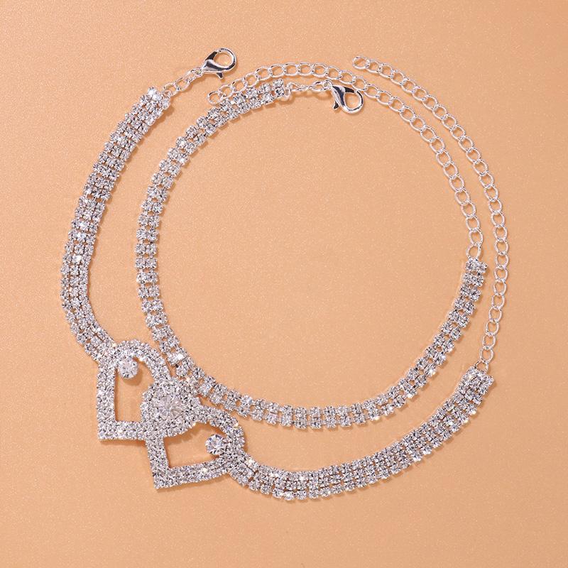 2pcs Fashion Double Heart Anklet Crystal Bracelet for Women Summer Beach Multi Row Rhinestone Anklet Bracelet On Leg
