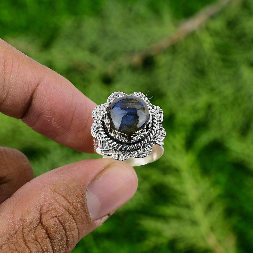Gift For Her 925 Silver Natural Labradorite Gemstone Statement Adjustable Ring