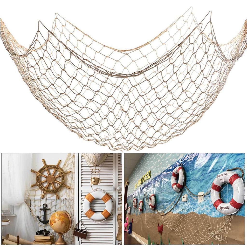Fish Net Decorations for Party 2mm Natural Cotton Hawaiian Party Fish Net Decorative Nautical Themed Cotton Fishnet Room Under The Sea Ocean Beach
