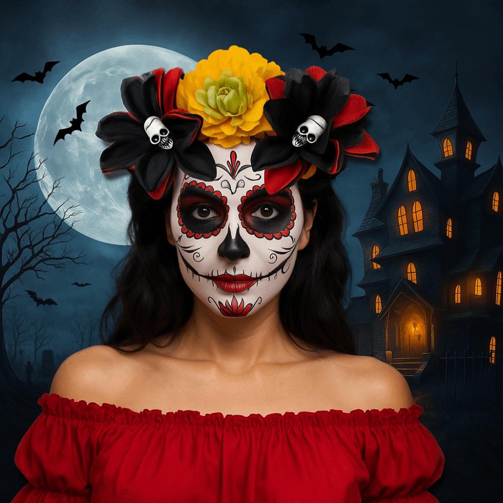 Преувеличенная Повязка на голову с черепом Декор на Хэллоуин Готическая Цветочная Повязка для волос Праздничные украшения