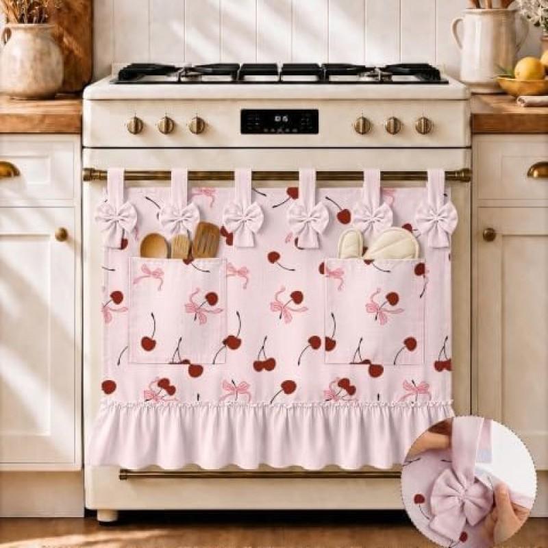 Oven Curtain With Pocket Hook-and-Loop Skirt Cherry Bow Decorative Kitchen Door Drape