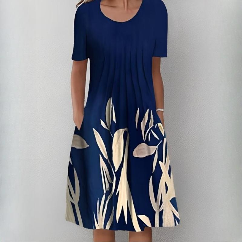 QICED Женская мода лето весна однотонный принт с коротким рукавом и круглым вырезом с высокой талией повседневные платья