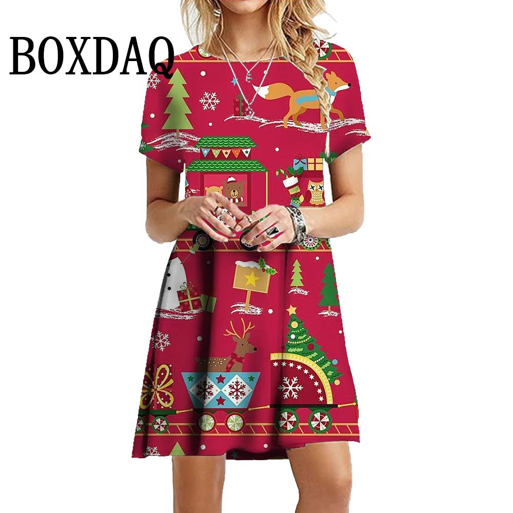 New Year Winter Christmas Deer Snowflake Dresses Women Short Sleeve Loose Tree Fashion Sweet O-Neck Party Dress