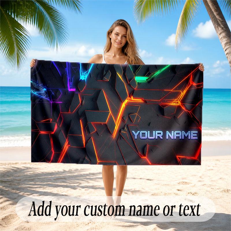 Abstract Geometric Theme Soft Beach Towel Personalized Custom Name Text Towel Portable for Beach Pool Travel