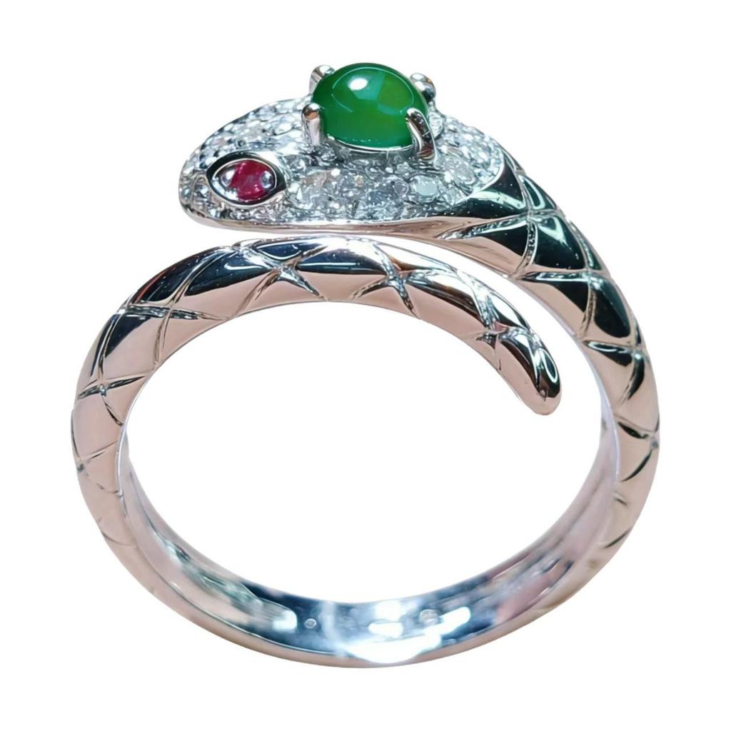 Yang Green Jade Spirit Snake Adjustable Women's Ring - Elegant Design, Versatile and Luxurious Jade Inlay.