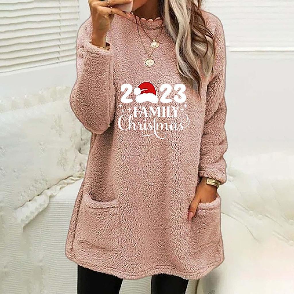 Autumn Winter Women's Christmas Print Round Neck Loose Long Sleeve Pocket Plush Hoodie