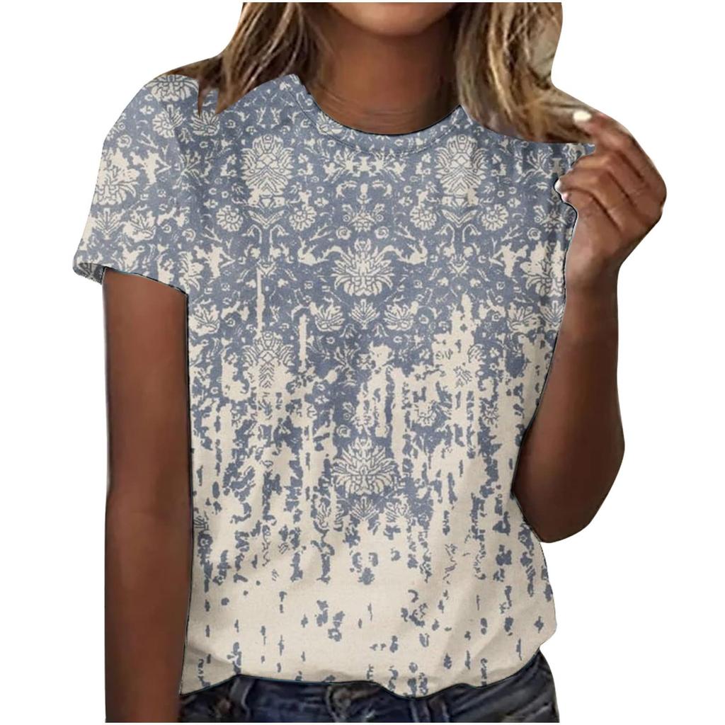 Женский модный повседневный свободный пуловер с коротким рукавом и принтом с круглым вырезом