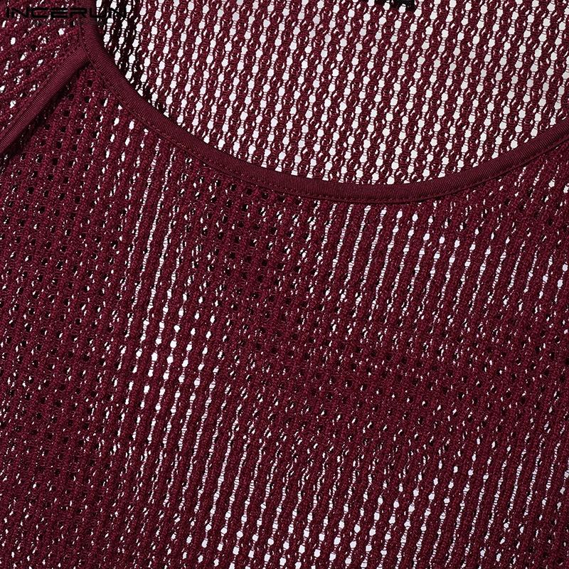 INCERUN Мужские топы с круглым вырезом без рукавов из сетчатой пряжи с ажурной отделкой, футболки