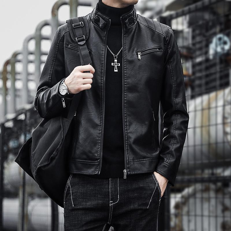 Men's PU Leather Jacket Casual Men's Stand Collar Slim Motorcycle Leather