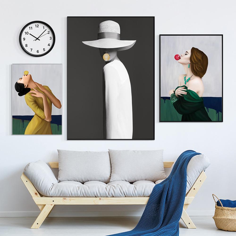 Модный постер с пузырьками, женщина в шляпе, скандинавский портрет, холст, картина, домашний декор, настенное искусство, 3 шт., поп-картины для украшения гостиной