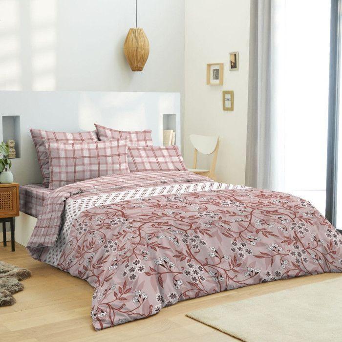 Parure de couette 4 pièces réversible 260 x 240 cm "Floral Taupe" pour lit 160 x 200 cm Coton Pur