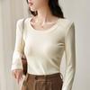 Early Autumn Women's Solid Colour Cotton Simple Inner Positive Shoulder Waist Slim Thin Long-sleeved Bottoming Shirt