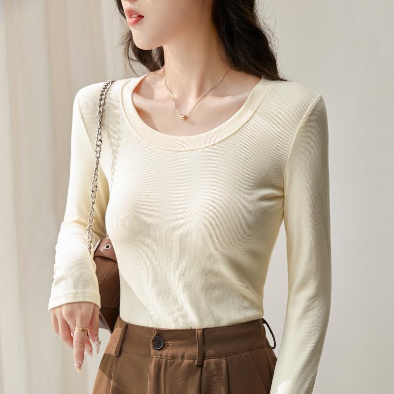 Early Autumn Women's Solid Colour Cotton Simple Inner Positive Shoulder Waist Slim Thin Long-sleeved Bottoming Shirt
