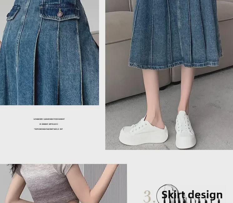 2023 Весна/Осень Ретро Плиссированная Женская Джинсовая Юбка А-силуэта С Завышенной Талией и Молнией