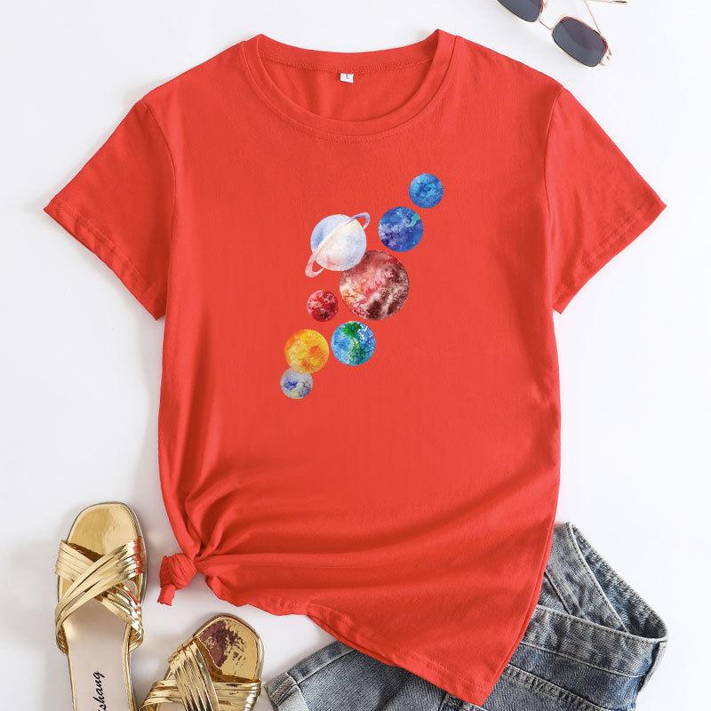 Летние женские футболки больших размеров с принтом планеты из чистого хлопка свободного покроя с круглым вырезом и короткими рукавами для женщин