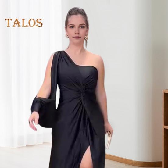 Женское вечернее платье на одно плечо с открытым рукавом, разрезом по низу, однотонное, с тонкой талией, плиссированное, с узлом, однотонное, коктейльное, вечернее платье макси