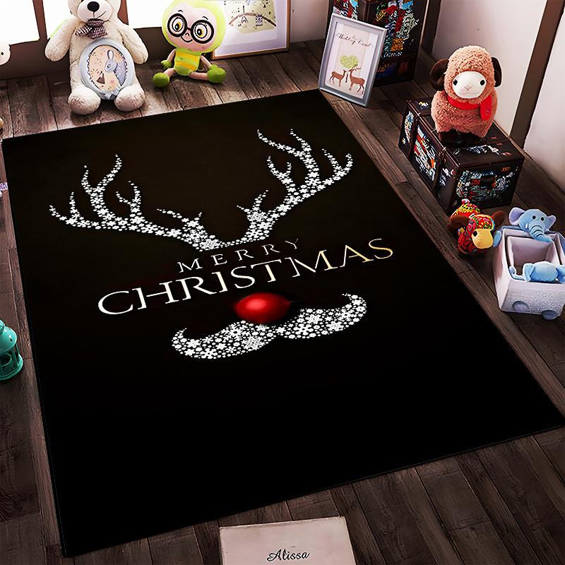 Reindeer Antlers and Merry Christmas Design Rug Non-slip rug suitable for living room and bedroom sofas.