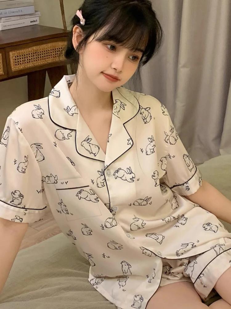 Пижамные комплекты из искусственного шелка для женщин, летняя прохладная милая одежда для сна, мягкая, удобная, с коротким рукавом, домашняя одежда, нежная, девичья, уютная, домашняя одежда