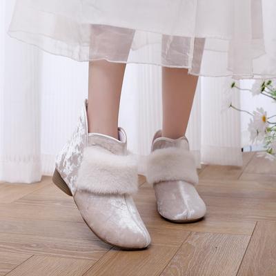 Женские зимние вышитые ботильоны на щиколотке, нескользящие, на низком блочном каблуке, зимние ботильоны с подкладкой из искусственного меха, теплые, удобные флисовые ботинки для ходьбы для женщин