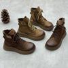 Johnature Handmade Thick Soled Genuine Leather Short Boots Retro Round Toe Lace Up Side Zipper Cowhide Women's Shoes