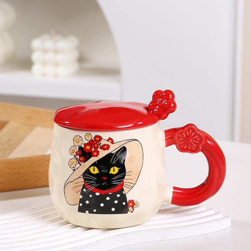 Large Capacity Kitten with Lid Spoon Cute Cartoon Ceramic Cup High Temperature Resistant Office Mug Girls Suit Cup