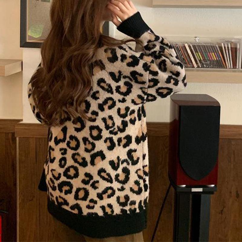 Свитер с леопардовым принтом, женский свободный толстый вязаный повседневный пуловер
