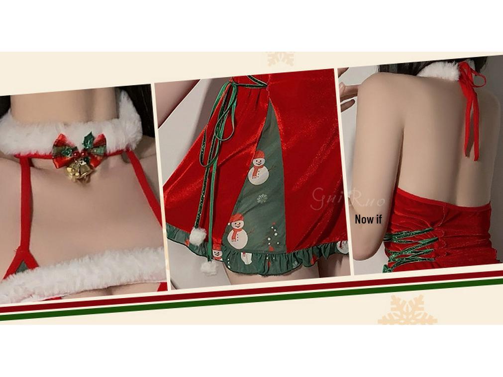 Gorgeous Velvet Deep V Halter Christmas Lingerie Set with Padding 4749