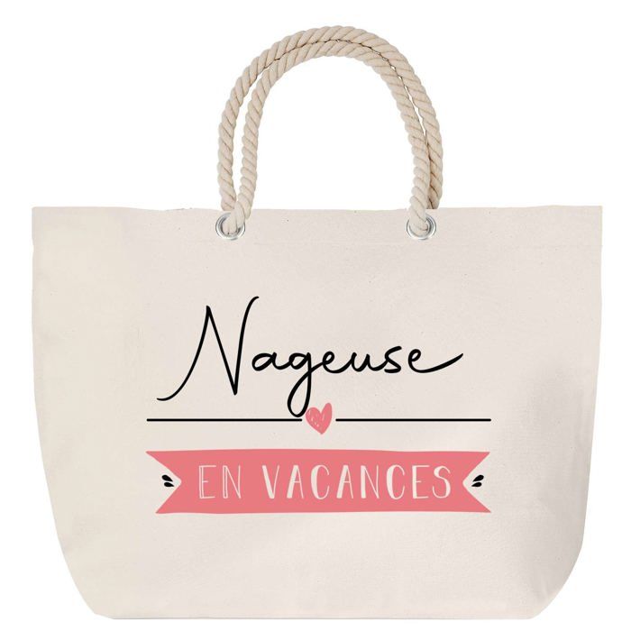 Sac de plage anse corde - PLANETEE - Nageuse en Vacances - Grand format - Coton - Imprimé en France