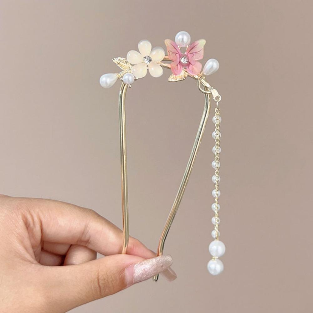 Fashion Metal Flower and ButterflyTassel Hair Stick Women Chinese Style U-shaped Hanfu Hairpin Headwear Jewelry Hair Accessories