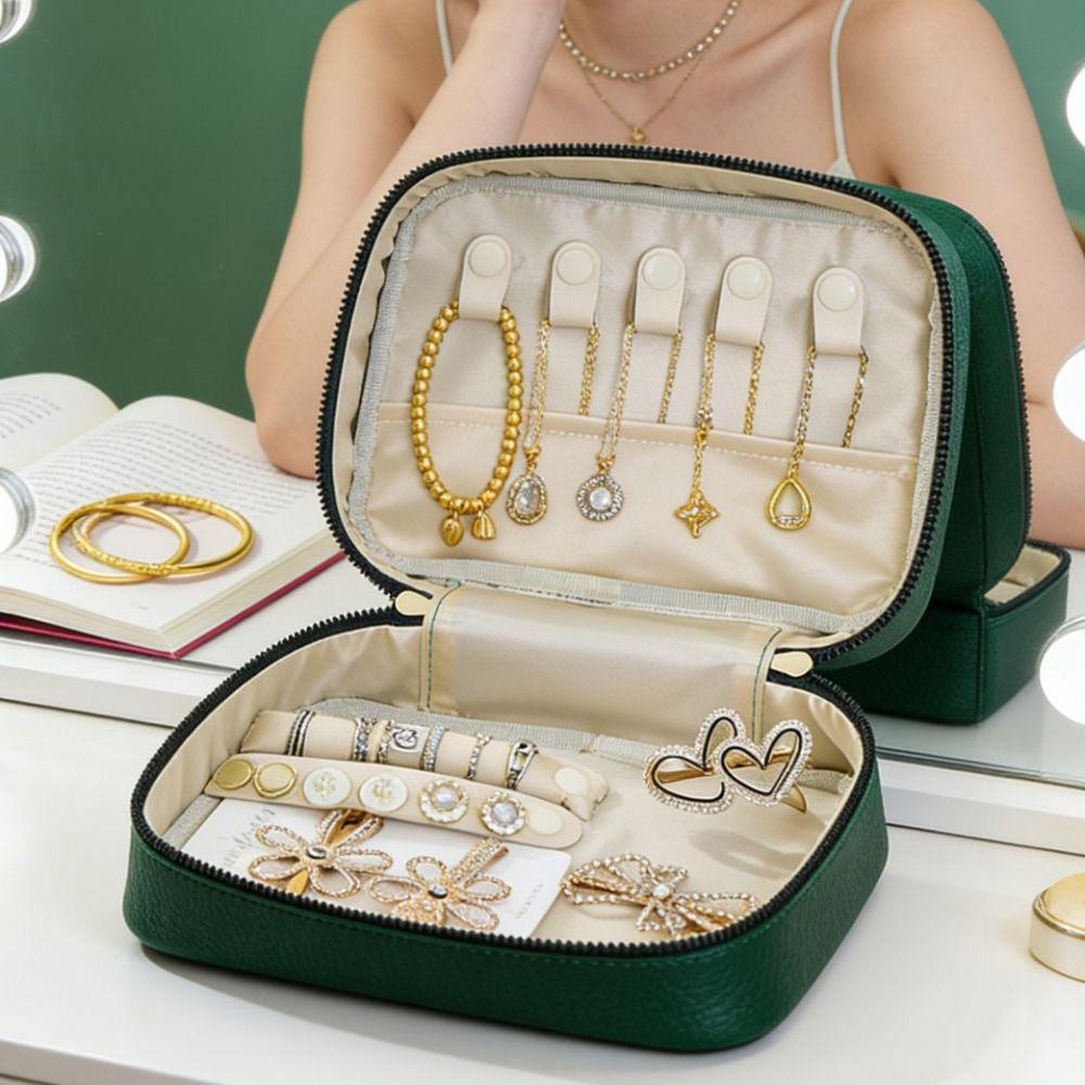 Portable Jewelry Box Zipper Closure Jewelry Organizer Case Necklace Ring Earrings
