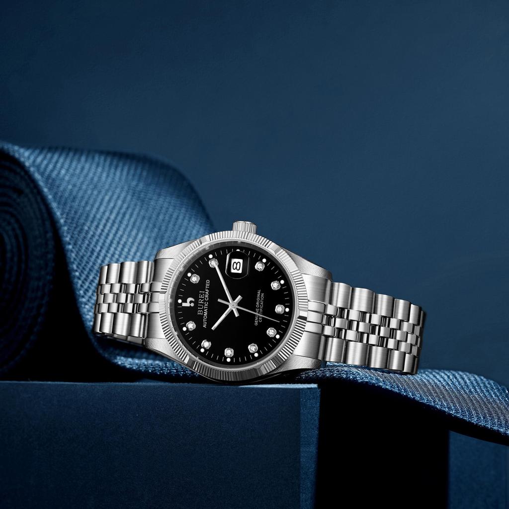 Автоматические механические популярные серебристо-черные часы [BUREI] Мужские часы, водонепроницаемые, аналоговые, дата, часы, мужской бренд, стильные, часы, простые, повседневные,