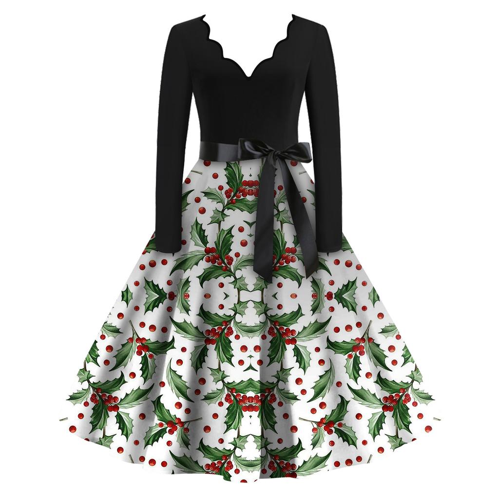 Женские модные повседневные тонкие рождественские платья с длинным рукавом с v-образным вырезом и принтом