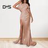 Women Evening Dress Shimmering Sequin Sleeveless Bandeau Off Shoulder Slim Fit Floor Length Feather Decor High Slit Cocktail Party Wedding Banquet