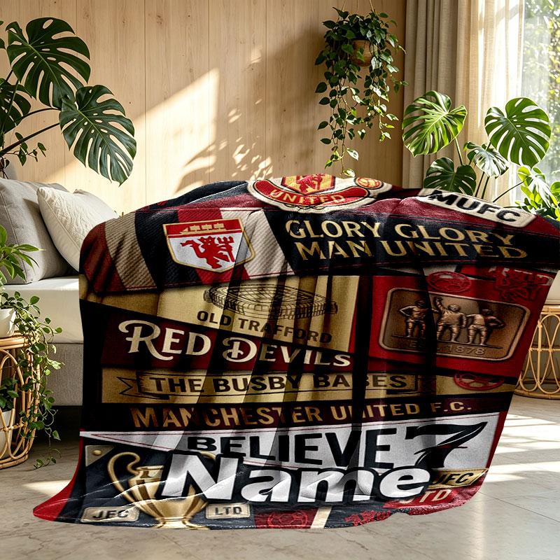 Custom Name Personalized Manchester United Print Blanket, Home Decor, Bedroom, Sofa, Camping, Couch, Gifts for Birthday Christmas