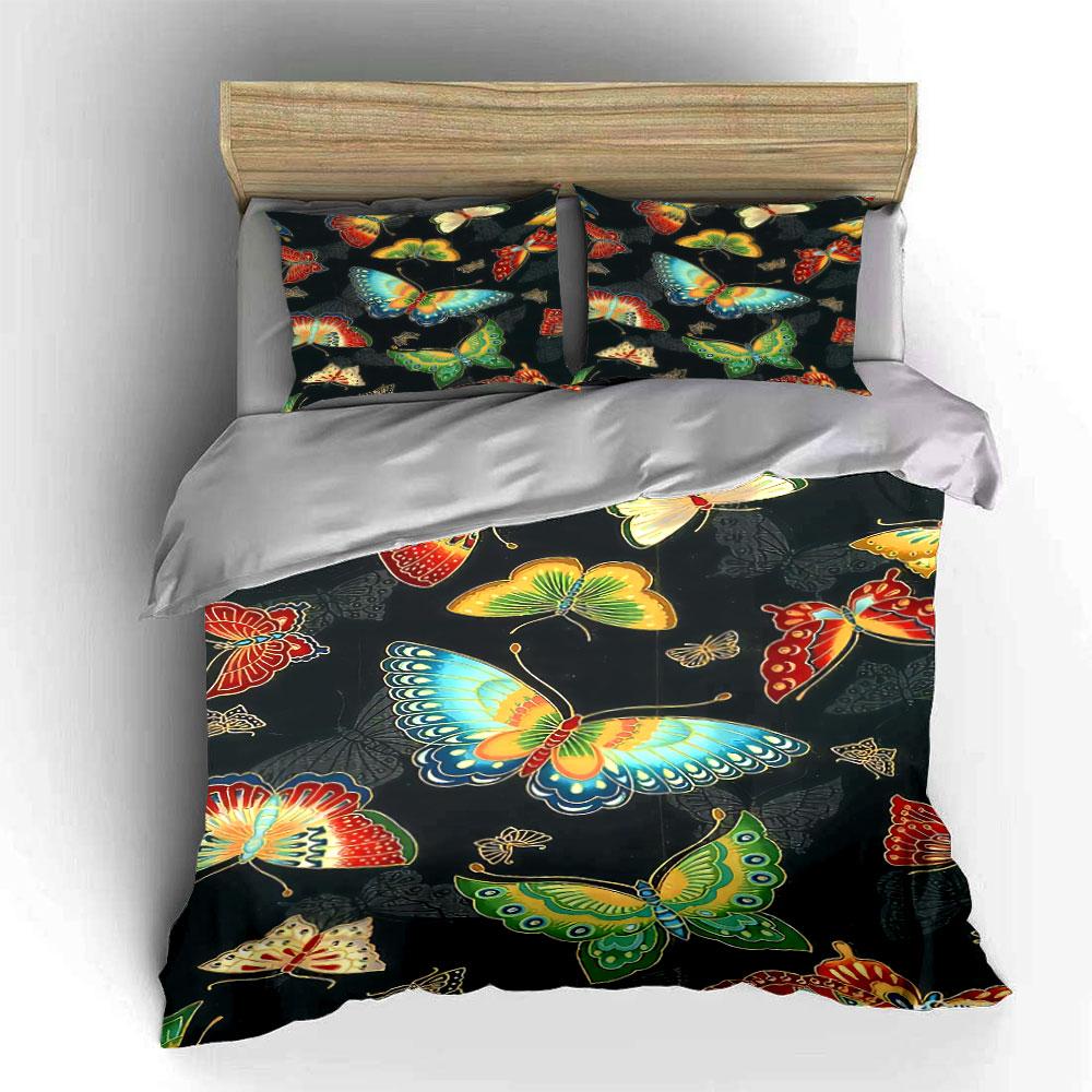 Colorful butterflies on black. Bedding sets Duvet cover sets Duvet covers Pillowcases(1 * Duvet Cover 2 * Pillowcases without duvet insert)