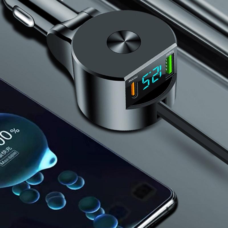 Портативное автомобильное зарядное устройство с выдвижным шнуром, поддержка быстрой зарядки PD30W, совместимость с широким диапазоном напряжений 12В-24В для телефонов