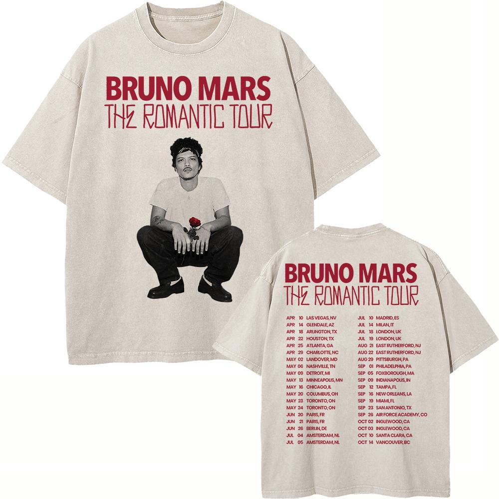 Cotton Vintage Washed Bruno Mars The Romantic Tour T Shirt Fashion Men Aesthetic Oversized Loose Acid Wash Tees Shirts