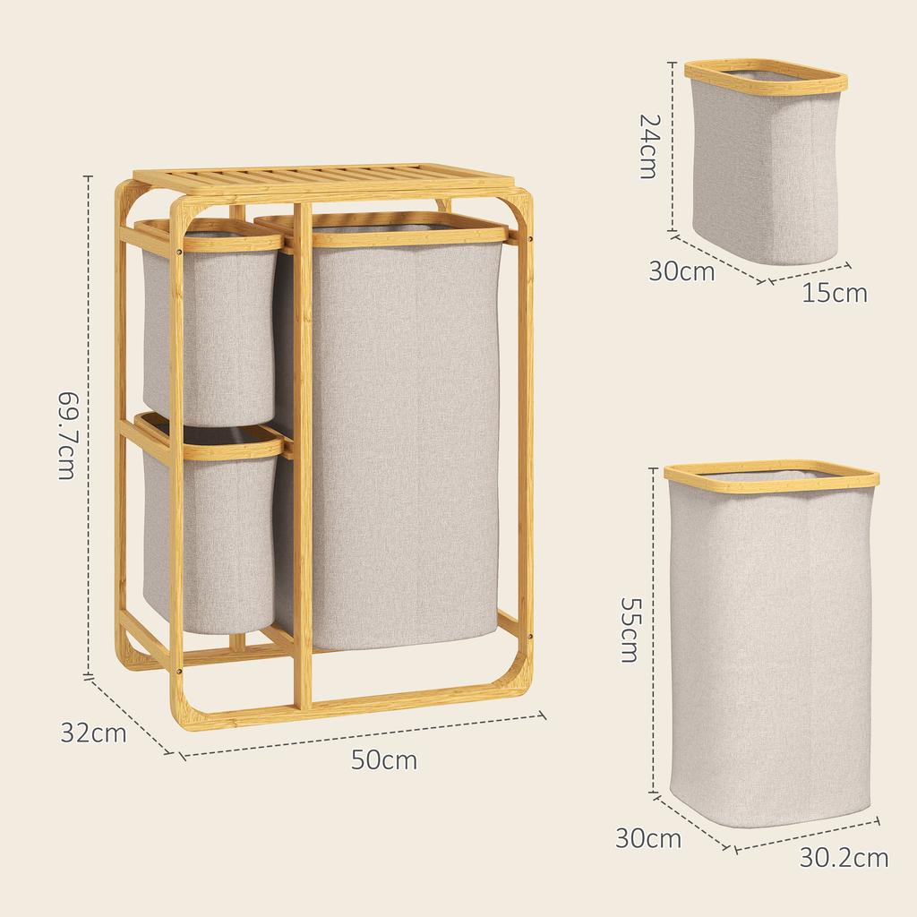 Laundry Basket in Bamboo with 3 Bags and Fabric Shelves, 50x32x69.7 cm, Bamboo and Cream Color