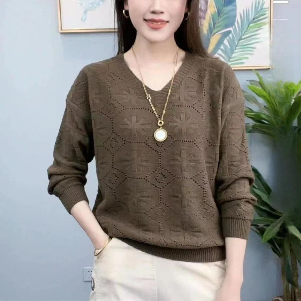Модная блузка-свитер в западном стиле с V-образным вырезом, ажурная, тонкая, с темпераментом, универсальная, с длинным рукавом, осенняя
