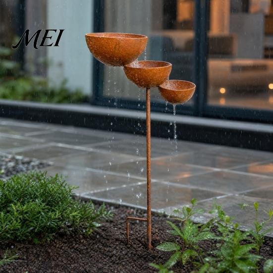 Three-level Waterfall Bird Feeder 3 Tiered Cascading Rain Catcher Bath, Metal Garden Stake Water Iron Bowl Feeder, Outdoor Pollinator Watering Station
