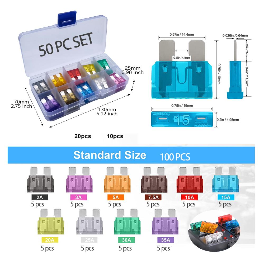 100pcs Standard Car Fuses 2A 3A 5A 7.5A 10A 15A 20A 25A 30A 35A Free Matching Choice Car Fuses Blade Fuses for RV/Truck/SUV Fuse Holders1