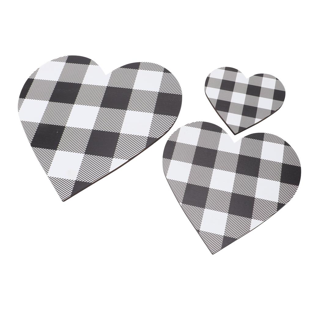 3Pcs Heart Shaped Wood Sign Plaid Wooden Wall Decor Rustic Hanging Plaque for Kitchen Bedroom Bathro