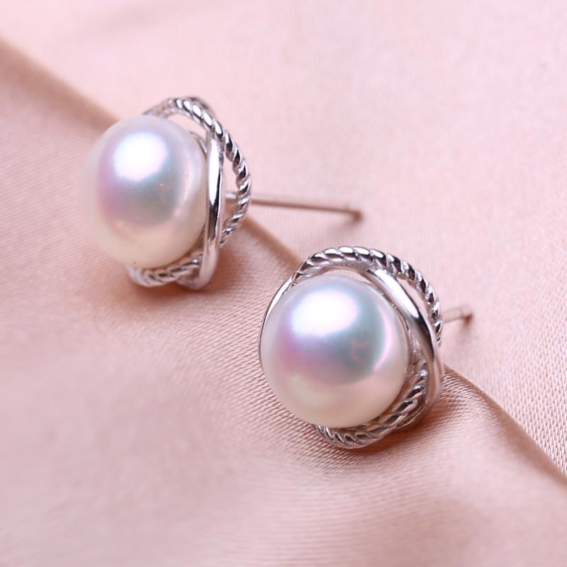 seniko 8-9mm Natural Freshwater Pearl Earrings Fashion Cubic Zirconia Stud Earrings For Women Girl Gift