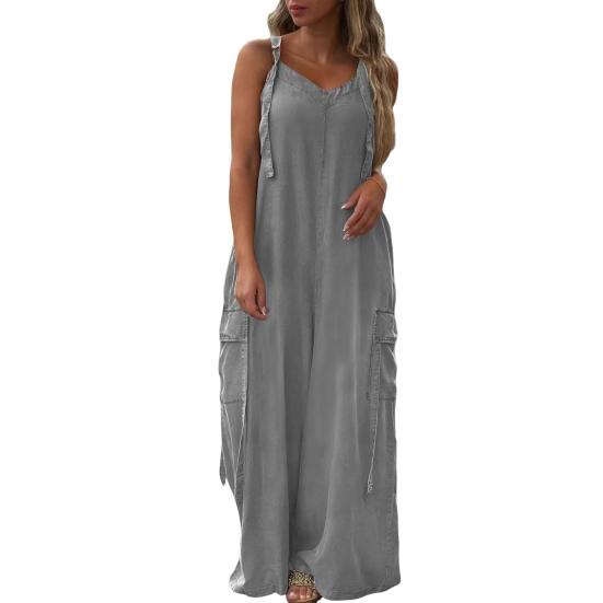 Женские свободные комбинезоны Комбинезоны с регулируемыми лямками Мешковатые комбинезоны Повседневный комбинезон с широкими штанинами и карманами Бохо Струящиеся брюки-палаццо