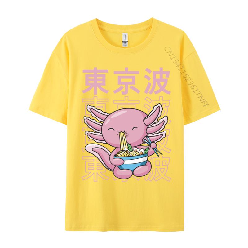 Kawaii Axolotl Eating Ramen Noodles Teens Custom Print T Shirt for Men Family Autumn All Cotton Top T-shirts Hip Hop T Shirt
