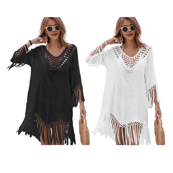 Пляжное платье-накидка с V-образным вырезом, тканое, с ажурным вырезом, манжетами и бахромой, подол, прикрытие бикини, защита от ультрафиолета, пляжное платье