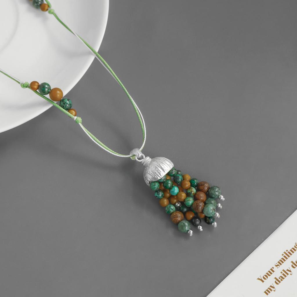 SWAH Vintage Nomadic Style Fruit Tassel Wood Bead Long Necklace with Ear Hook