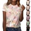 Women's Fashion Casual Short Sleeve Flower Print Round Neck Pullover Top Blouse