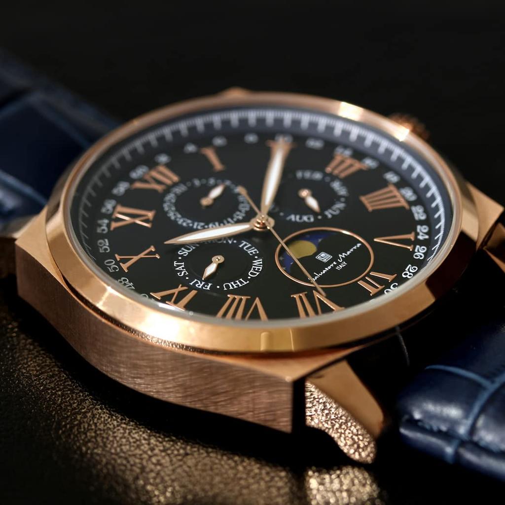 Salvatore Marra Moon Phase Leather Watch SM22105S Men's Limited Edition Blue & Pink Gold Roman Numeral